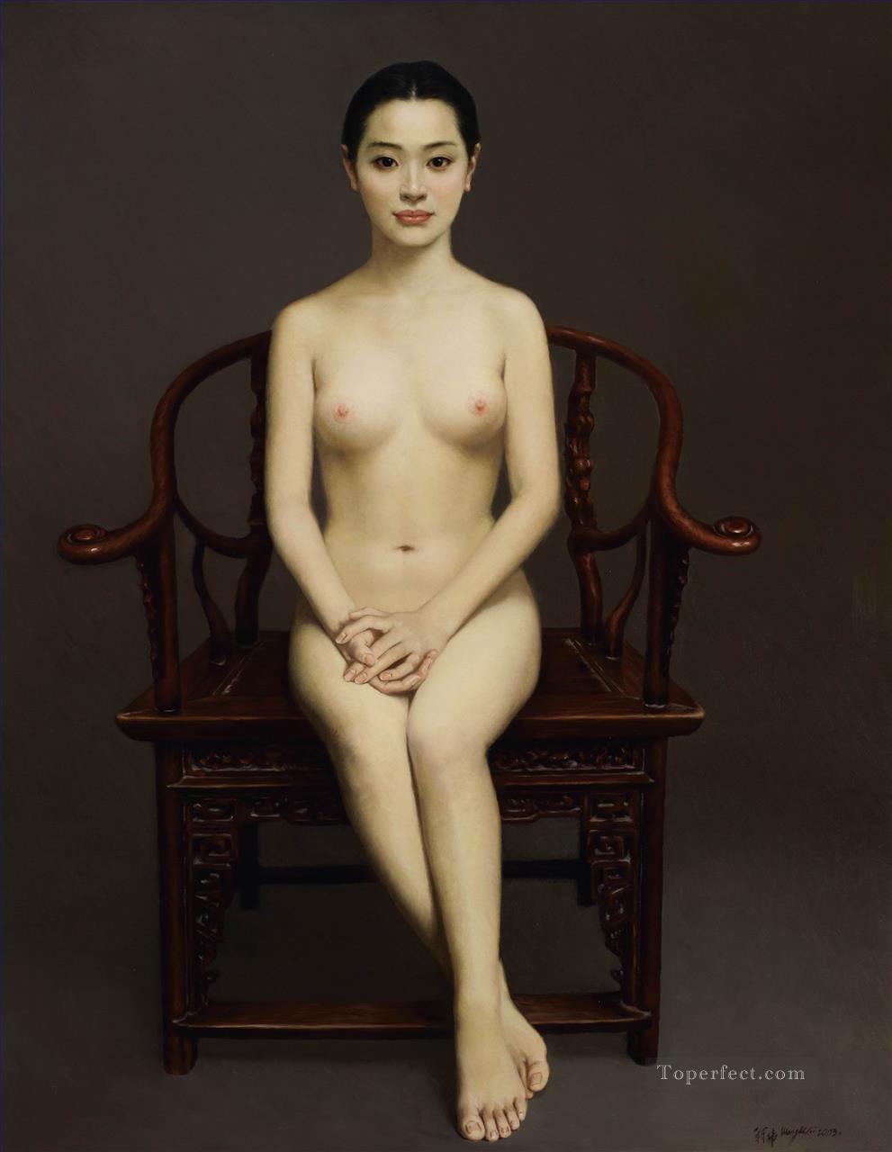 古代の椅子の中国人少女のヌード油絵